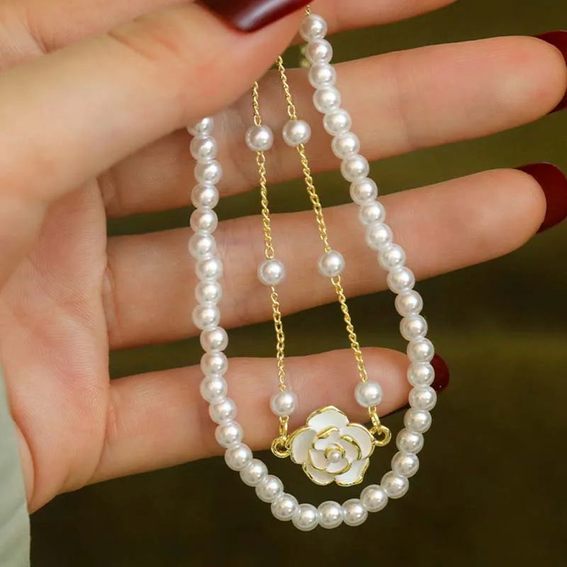 luckacco vintage white camellia flower bracelets for women elegant double layer simulated pearl beads chain bracelet jewelry 2025 trend