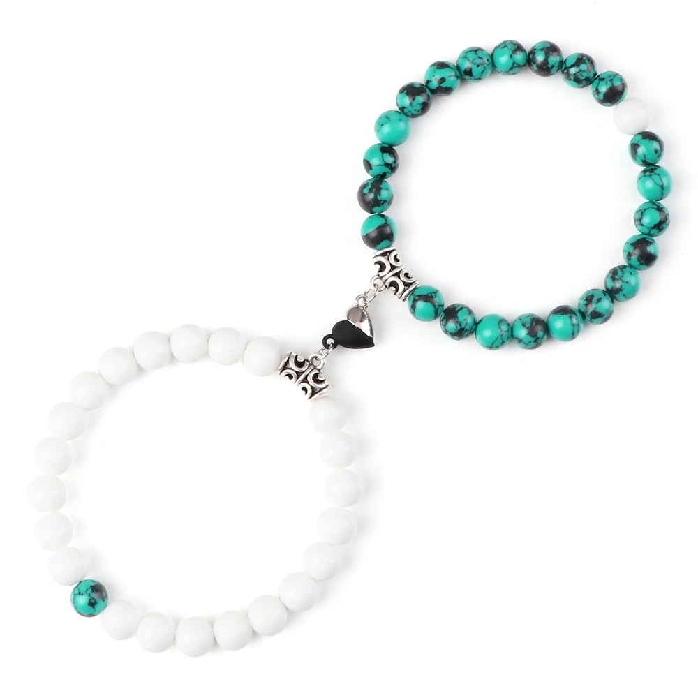 luckacco 2pcs/set natural stone beaded bracelet for lovers distance heart magnet buckle couple bracelets friendship fashion jewelry gifts