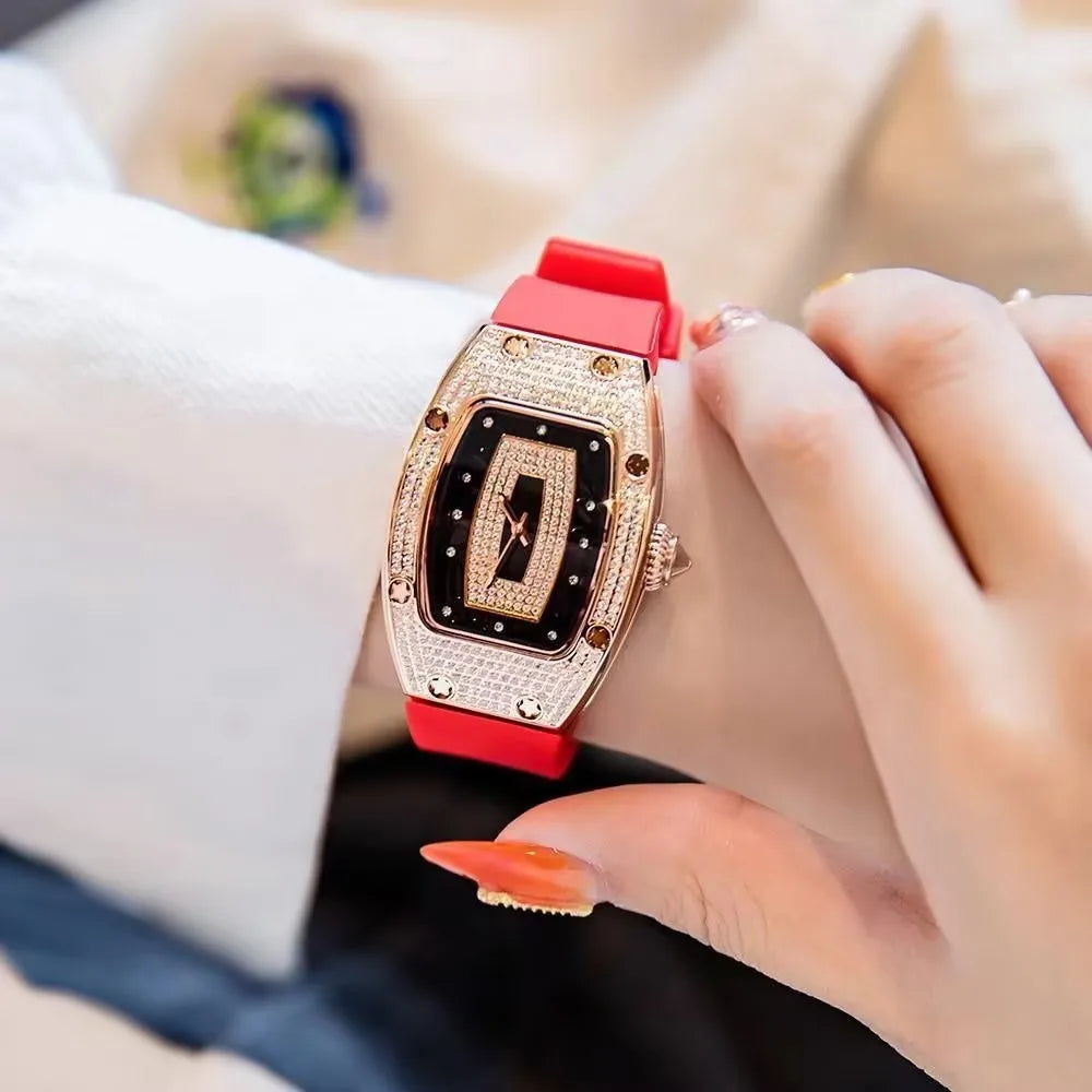luckacco 2025 new fashion women luxury tonneau watches womens crystal silicone jelly quartz watch gift relogio feminino ladies wristwatch
