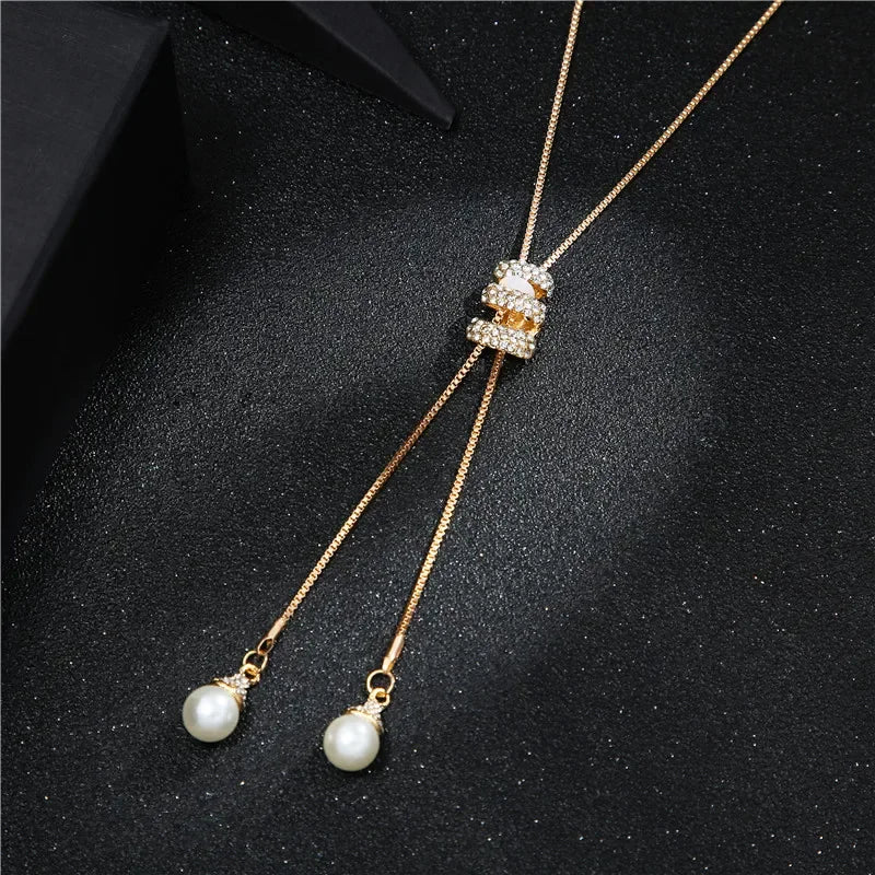 luckacco 2024 new high quality fashion metal long tassel rhinestone crystal pearl long chain necklace sweater patry necklace jewelry