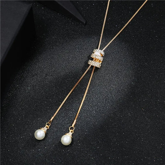 Luckacco 2024 NEW High Quality Fashion Metal Long Tassel Rhinestone Crystal Pearl Long Chain Necklace Sweater Patry Necklace Jewelry