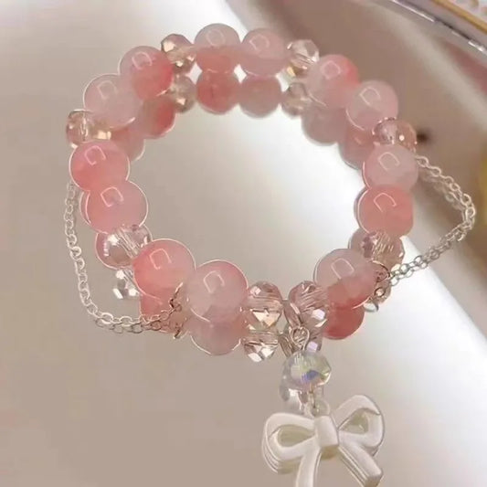 Luckacco New Fashion Y2K Sweet Cherry Blossom Bracelet For Women Exquisite Elegant Flower Crystal Beaded Bracelet Girl Party Jewelry Gift