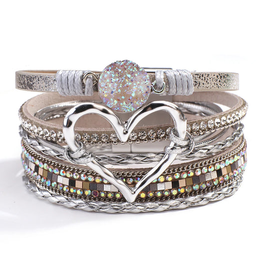 Luckacco Amorcome Fashion Braided Leather Wrap Bracelets Bangles Multilayer Resin Stone Hollow Heart Charm Bracelets Women Gift Pulseira