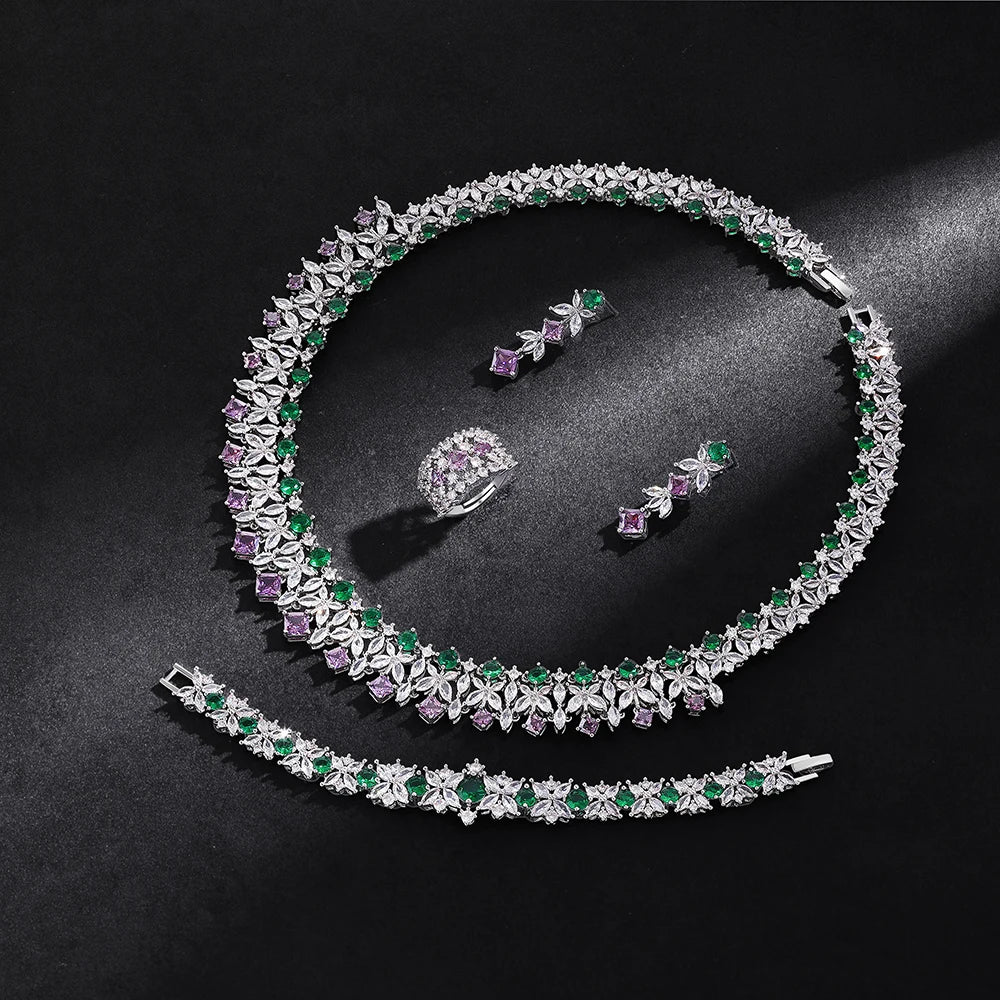 luckacco 2025 new 4-piece ring cubic zirconia bridal wedding jewelry set, dubai nigeria crystal wedding jewelry set