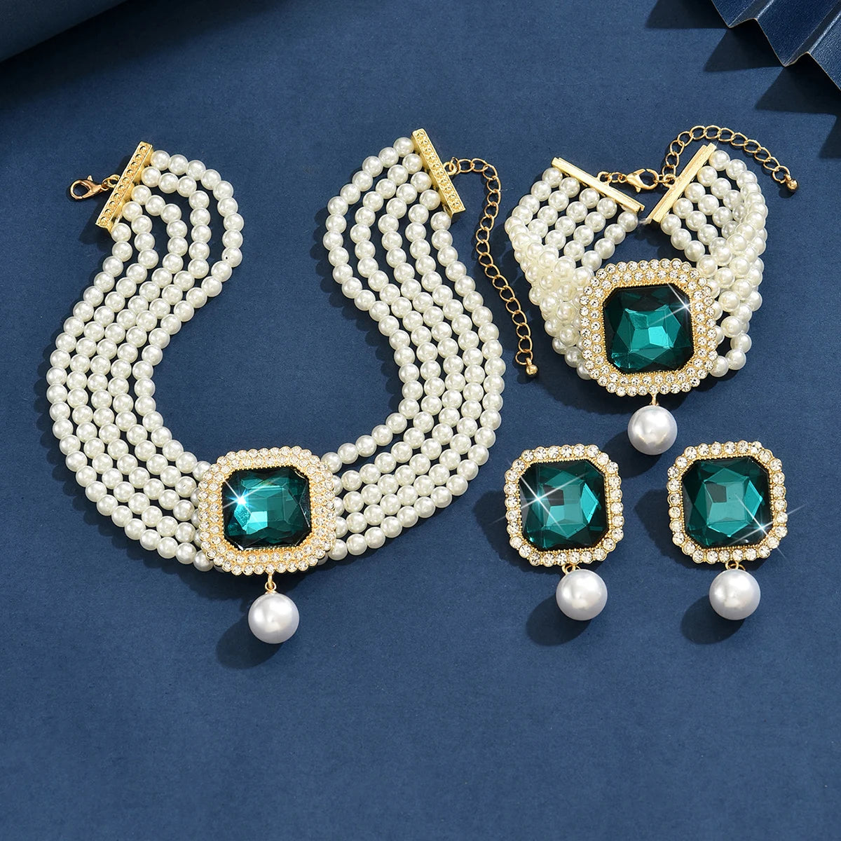 luckacco women's fashion light luxury short style imitation pearl rhinestone necklace earrings bracelet jewelry set party festival gift
