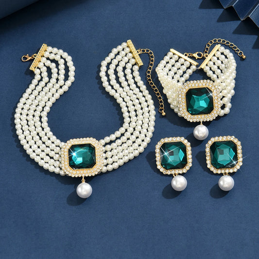 Luckacco Women's Fashion Light Luxury Short Style Imitation Pearl Rhinestone Necklace Earrings Bracelet Jewelry Set Party Festival Gift
