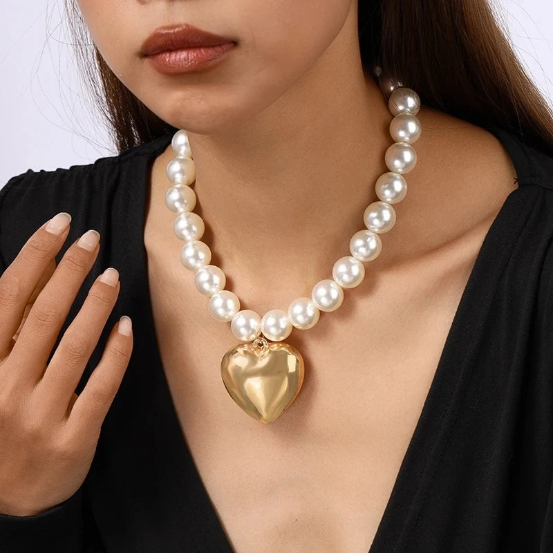 luckacco exaggerated imitation pearl beads necklace for women ccb big heart pendant choker necklace jewelry gift