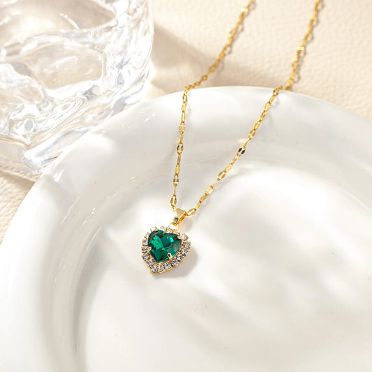 Luckacco Stainless Steel Chain Classic Shiny Colorful Zircon Heart Pendant Necklace for Women Lady Vintage Jewelry Accessories Gifts