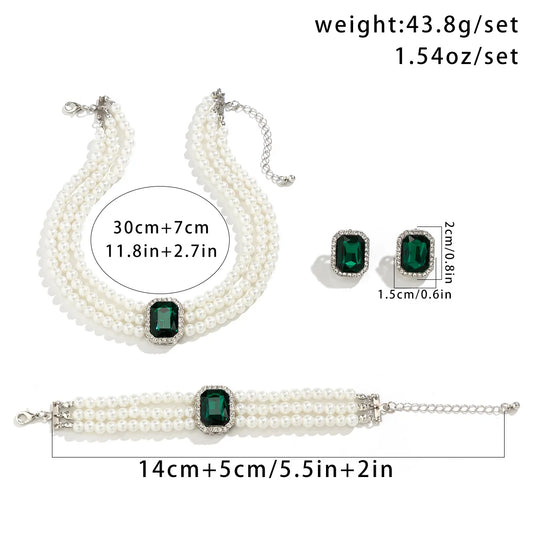 Luckacco 4PC Women's Fashion Light Luxury Short Style Imitation Pearl Turquoise Necklace Earrings Bracelet Jewelry Set Party Festival Gif