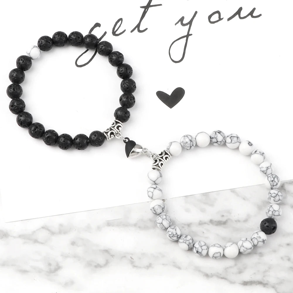 luckacco 2pcs/set sliver black color magnet pendant bracelets 6mm 8mm white porcelain black line beads couple bracelet jewelry gift new
