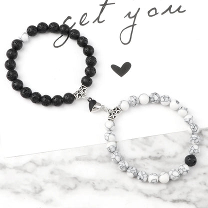 Luckacco 2Pcs/Set Sliver Black Color Magnet Pendant Bracelets 6MM 8MM White Porcelain Black Line Beads Couple Bracelet Jewelry Gift New