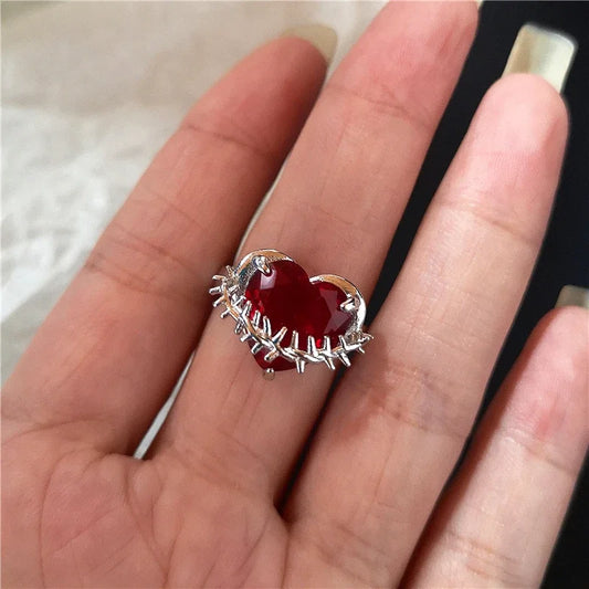 Luckacco Goth Punk Retro Red Crystal Love Heart Cross Geometry Irregular Open Ring Set Y2K Halloween Accessories For Women Kpop Jewelry