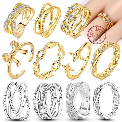 Luckacco New 925 Sterling Silver Rings Gold Heart Bow Adjustable Open Closed Ring Suitable for Women Stacking Ring Fashion Jewelry Gift