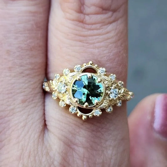 Luckacco Charm Gold Color Inlaid with Green White Stone Flower Leaf Rings Attractive Party Engagement Wedding Rings for Women Jewelry