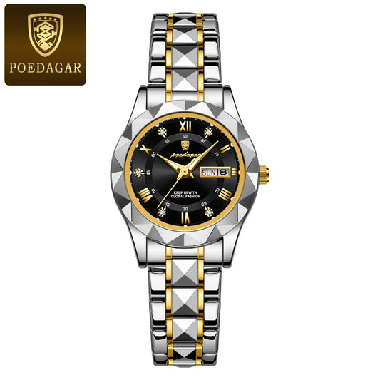 Luckacco POEDAGAR Fashion Ladies Wristwatch Week Date Luminous Waterproof Woman Watch Stainless Steel Luxury Women's Quartz Watches reloj