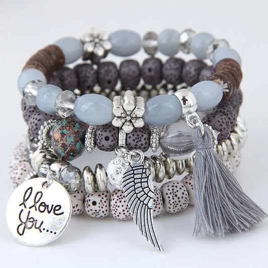 Luckacco DIEZI Bohemian Multicolor Pink Crystal Beads Bracelets Women Girls Elastic Tassel Wing Letters Rope Bracelet Pulseira Feminina