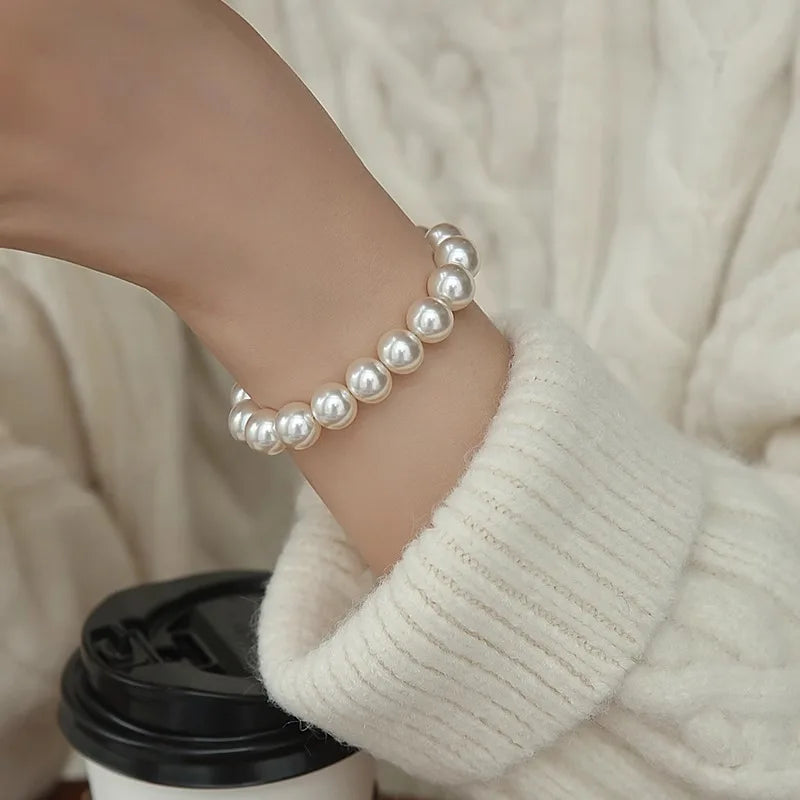 luckacco 4mm-10mm french retro simple white pearl elastic bracelet women's hand bracelets birthday party gift fashion jewelry