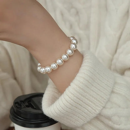 Luckacco 4MM-10MM French Retro Simple White Pearl Elastic Bracelet Women's Hand Bracelets Birthday Party Gift Fashion Jewelry
