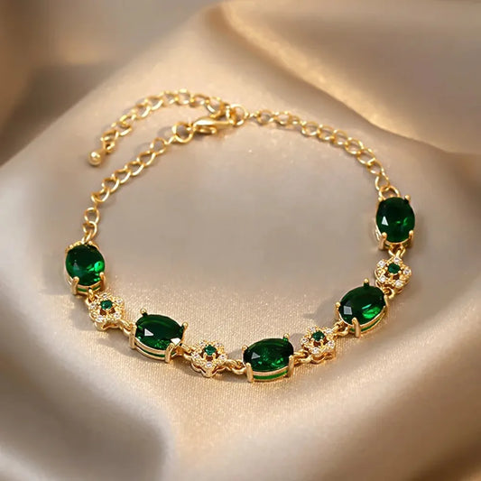 Luckacco Luxury Green Rhinestone Crystal Bracelet Gold Color Link Chain Bracelets For Women Vintage Party Wedding Bridal Jewelry Gifts