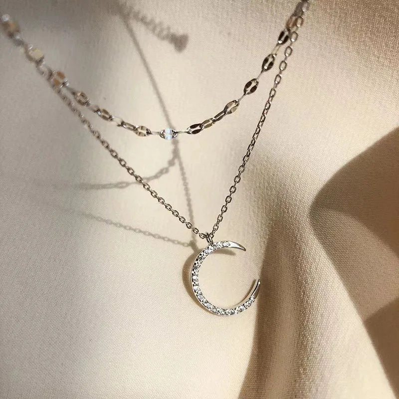 luckacco hot sale 925 sterling silver star double layer necklace charm moon pendant choker for women birthday gift beautiful accessories