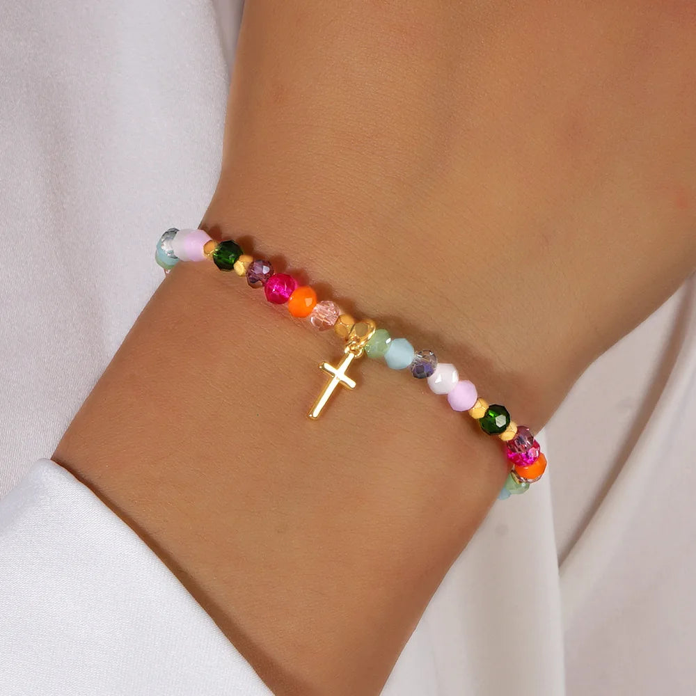luckacco cross square crystal beads bracelet for women boho natural stone stretch beach jewelry multi-color religious baptism jewelry