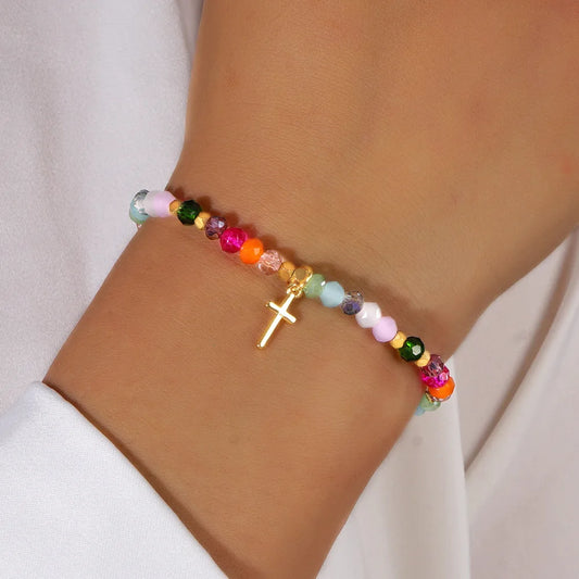 Luckacco Cross Square Crystal Beads Bracelet for Women Boho Natural Stone Stretch Beach Jewelry Multi-Color Religious Baptism Jewelry