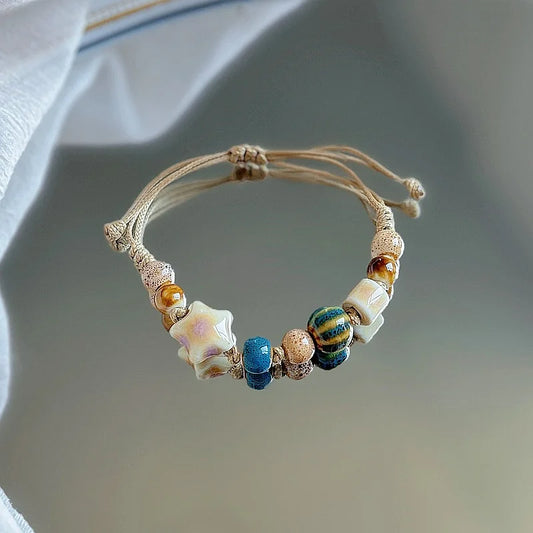 Luckacco Kaseakia Handmade Vintage Ceramic Stone Beads Wax Cord Adjustable Beaded Bracelets Bohemian Boho Jewelry for Women