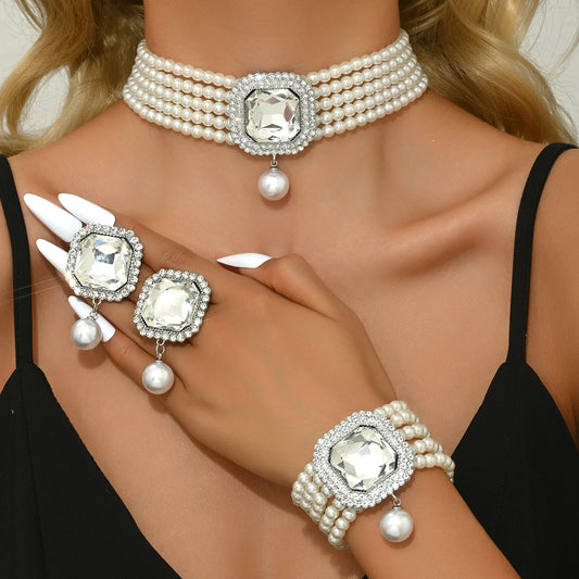 Luckacco Women's Fashion Light Luxury Short Style Imitation Pearl Rhinestone Necklace Earrings Bracelet Jewelry Set Party Festival Gift