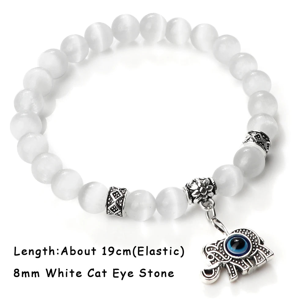 luckacco natural cat eye stone bracelet & bangle for women brief white pink opal beads yoga balance jewelry lucky wristband handmade gift