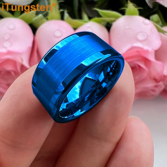 Luckacco iTungsten 10mm 12mm Big Finger Ring Mens Tungsten Flat Engagement Wedding Band With Center Brushed Polished Finish Comfort Fit