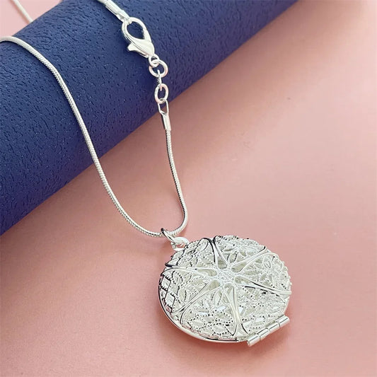 Luckacco 925 Silver Necklace Hollow Round Photo Frame Pendant, Suitable For Women's Daily Wear