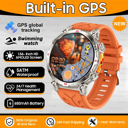 Luckacco 2025New Military GPS Sports SmartWatch Men 1.56" AMOLED Screen Compass Altimeter 5ATM Waterproof 560mAh Wireless Call Smartwatch