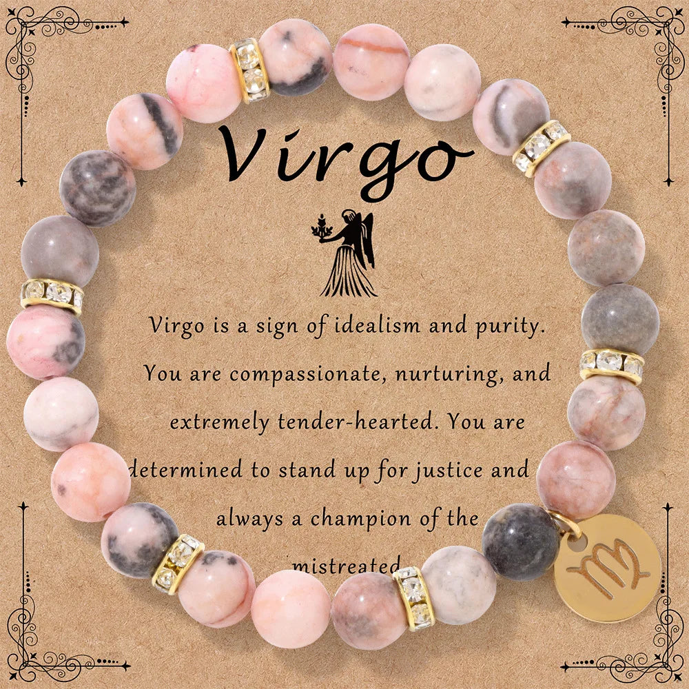luckacco mhs.sun 12 star zodiac sign pink zebra stone beaded bracelets constellation fashion birthday party jewelry for women men