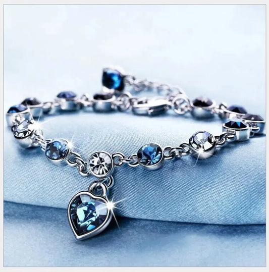 Luckacco Women Silver Color Lucky Bracelet Female Blue Crystal Heart Charm Pulseras Bracelet Bridal Wedding Engagement Fine Jewelry Gift