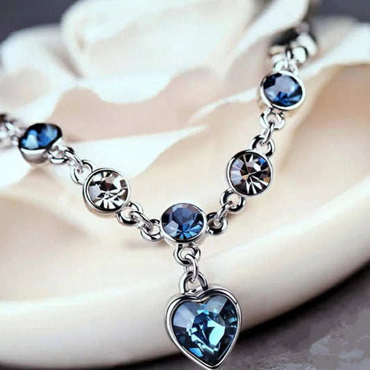 Luckacco Women Silver Color Lucky Bracelet Female Blue Crystal Heart Charm Pulseras Bracelet Bridal Wedding Engagement Fine Jewelry Gift
