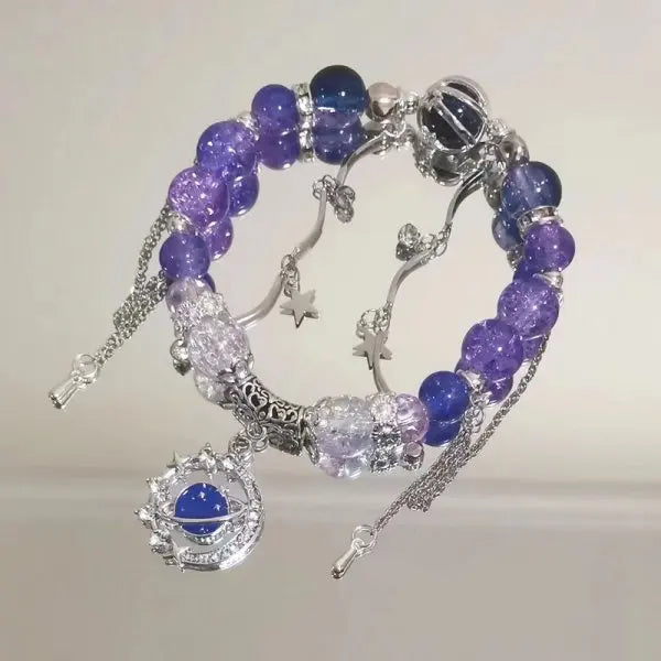 luckacco light luxury purple glass crystal beaded bracelets for women chic butterfly tassel pendant bracelets sweet girl wrist jewelry