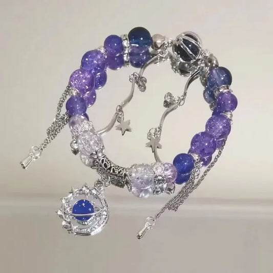 Luckacco Light Luxury Purple Glass Crystal Beaded Bracelets for Women Chic Butterfly Tassel Pendant Bracelets Sweet Girl Wrist Jewelry