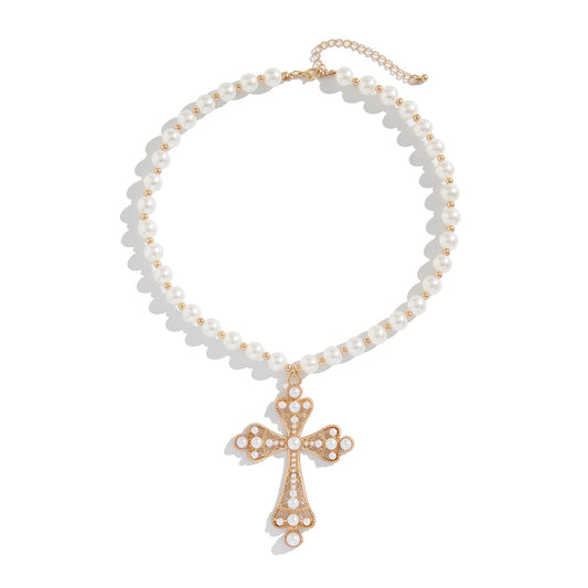 Luckacco Ingemark Vintage Creative Big Imitation Pearl Jesus Cross Pendant Choker Necklace for Men Luxury Adjustable Chain Grunge Jewelry