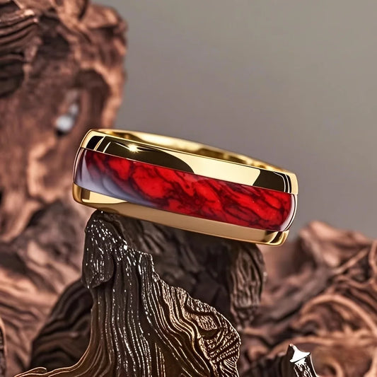 Luckacco 8MM Fashion Men Women Red Stainless Steel Rings Unique Wedding Engagement Band Jewelry Party Unisex Steel Ring Accessories
