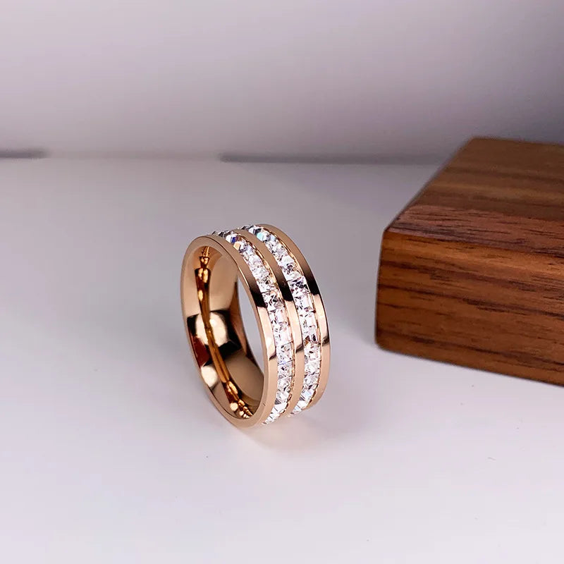 luckacco luxury rose gold color double row square zircon stainless steel ring for women romantic engageme wedding party jewelry female