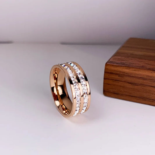 Luckacco Luxury Rose Gold Color Double Row Square Zircon Stainless Steel Ring For Women Romantic Engageme Wedding Party Jewelry Female