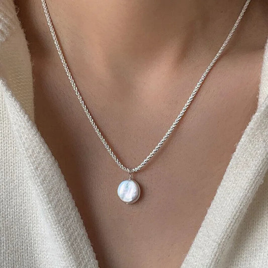 Luckacco New 925 Sterling Silver Round Pearl Necklace Simple Style Charm Pendant Choker Birthday Gift for Women Fine Jewelry