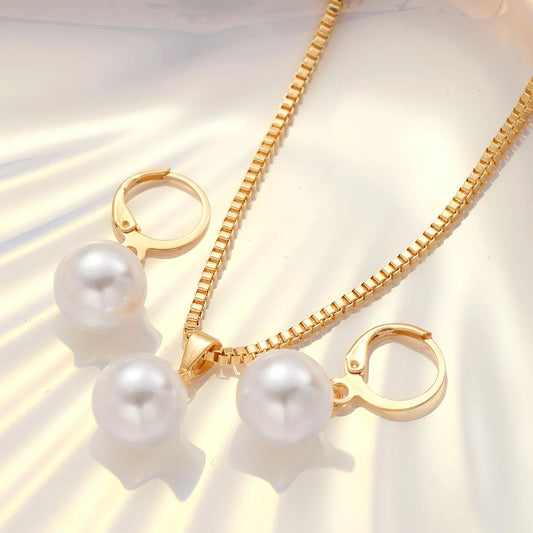 Luckacco 3 Pcs Round Pearl Jewelry Set Of Earring Pendant Necklace For Women Exquisite Fashion Rhinestone Double Wedding Jewelry Set Gift