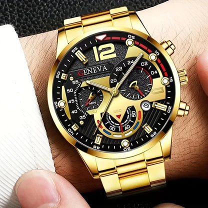 Luckacco 4Pcs/set Luxury Men Business Quartz Watch stainless steel Roman Calendar Wrist Watch Cross Necklace Bracelet Ring Set Men's Gift