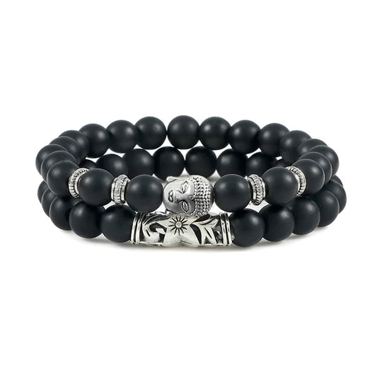 Luckacco 2pcs/set Buddha Head Bracelet for Women Men Natural Tiger Eye Lava Stone Yoga Beads Distance Bracelets Charm Couple Jewelry Gift