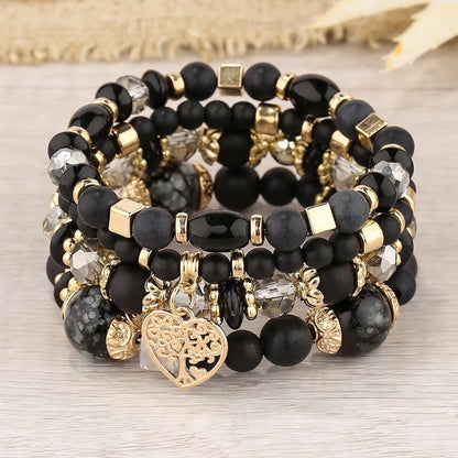 Luckacco New Acrylic Beads Chain Bracelet Set For Women Tree Of Life Charm Elastic Bangle Female Bohemian Jewelry Accessories