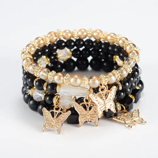 Luckacco 4pcs Set Bohemia Exquisite Acrylic Beaded Crystal Butterfly Bracelet for Women Charm Multilayer Pearl Bangle Jewelry Friend Gift