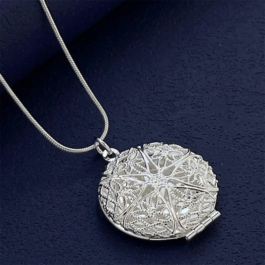 Luckacco 925 Silver Necklace Hollow Round Photo Frame Pendant, Suitable For Women's Daily Wear