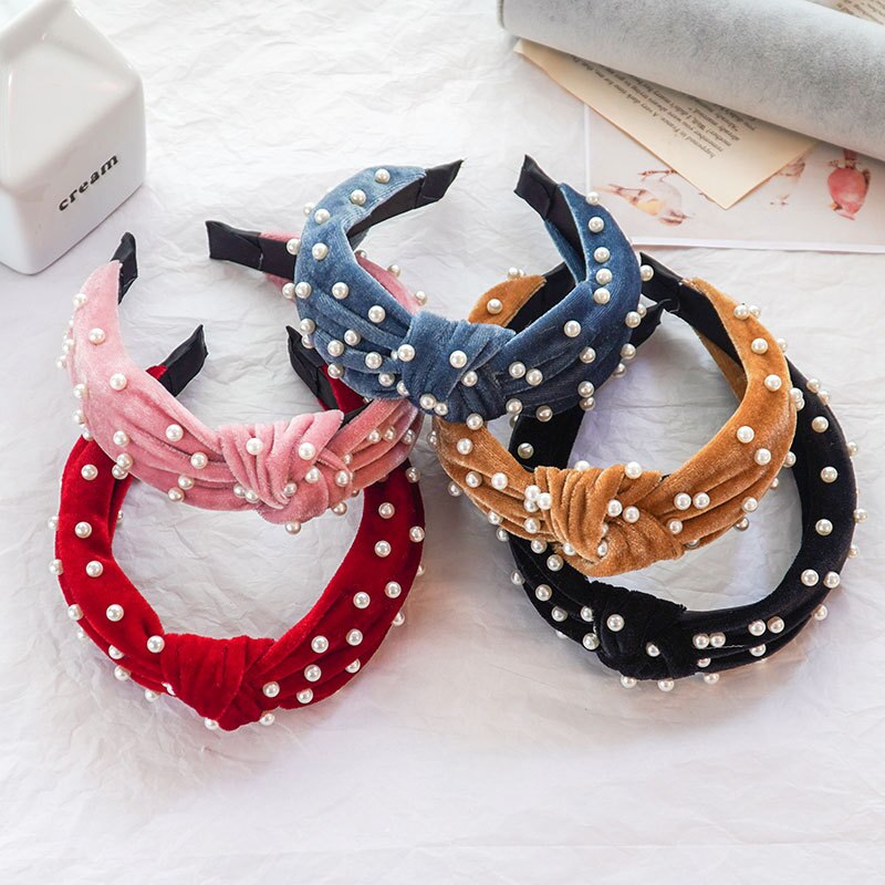 Ladies Pearl Knot Headbands Solid Fabric Velvet Denim Beads Hairbands Fashion Hair Bands Hoops Hair Accessories for Women Girls - luckacco