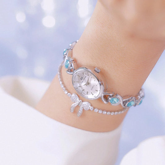 Luckacco Blue Jewel Oval Bracelet Watch Luxury Crystal Quartz Watches For Woman Vintage Gold Silver Jade Wristwatch Gifts For Women